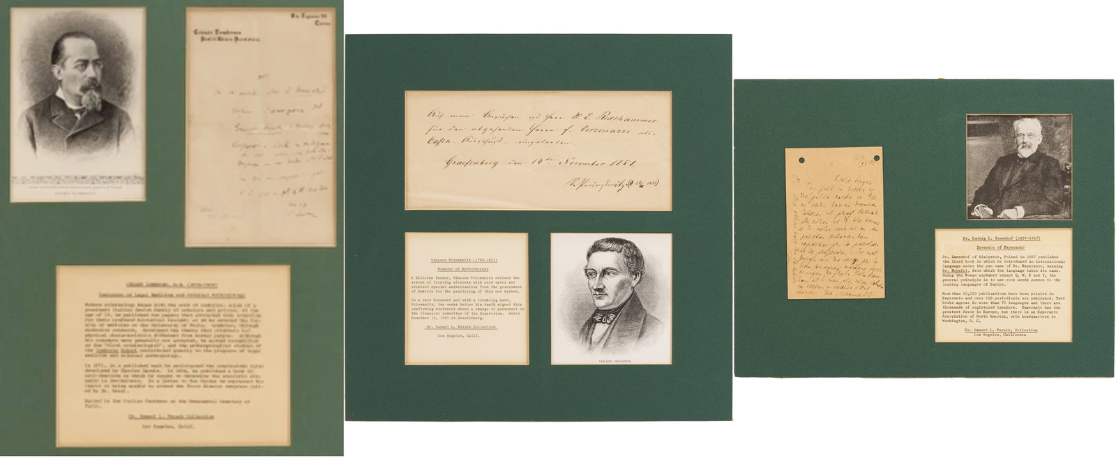 3 Autographs - Drs. Lombroso, Priessnitz, and Zamenhof: 1st item: Dr. Cesare Lombroso, innovator of legal medicine and criminal anthropology, ALS, in Italian, on printed letterhead, dated 1895. 8 in. x 5 in. Matted with print of a portrait of Lombroso and 