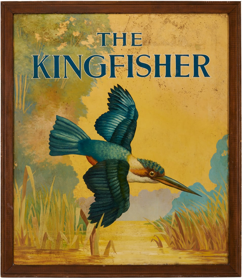 Painted Double Sided Pub Sign, Kingfisher: Double-sided hand-painted pub sign, "The Kingfisher", oil on board, depicting a vivid blue and yellow long-beaked bird flying over a marshy landscape. The image is the same on the front and 