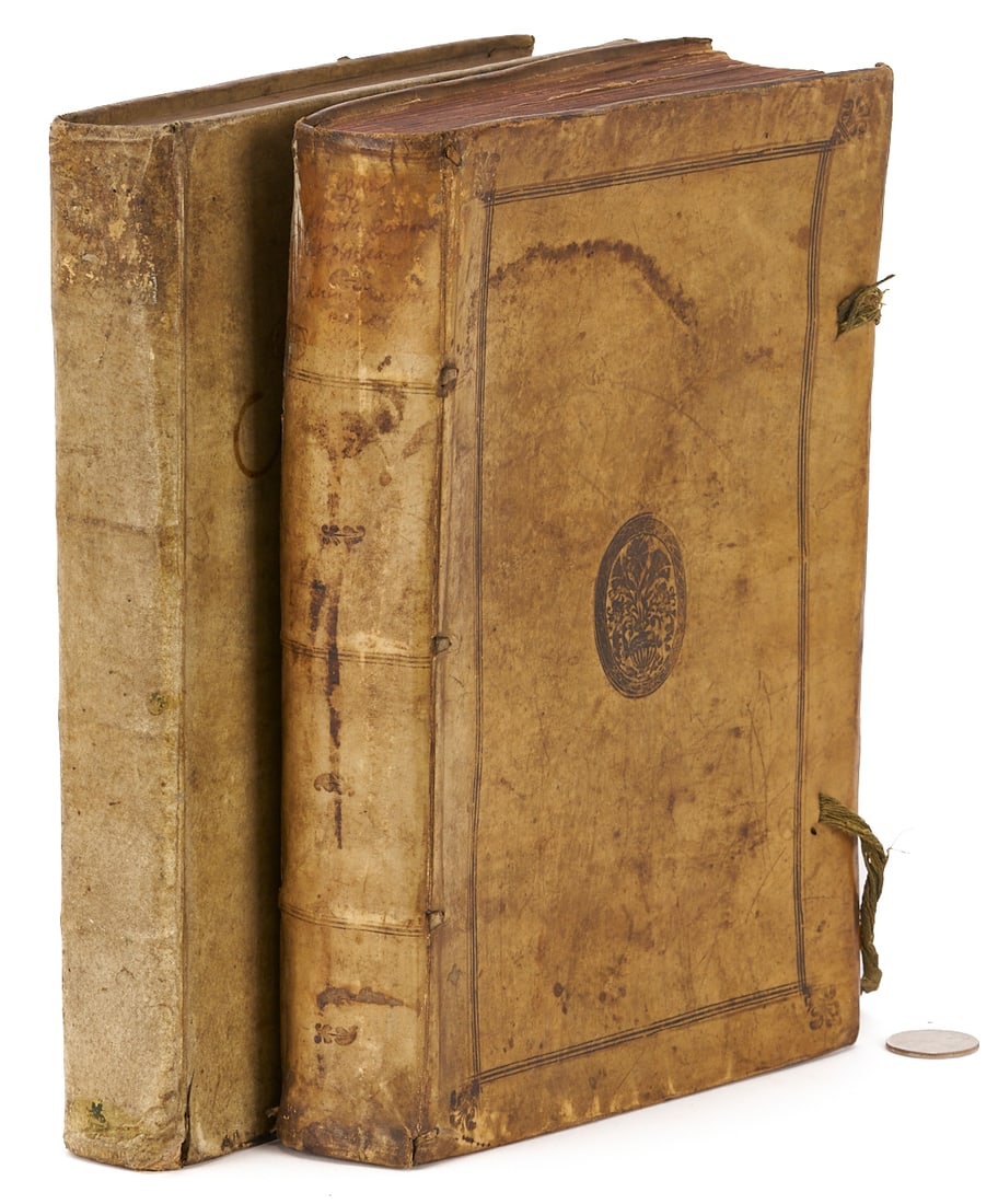 Two Antique Vellum Bound Books; 1708 Biblioteque; plus 1598 Justus Lipsius: Two antique vellum-bound books. 1st Item: Bibliothèque Universelle Des Historiens, by Louis Ellies du Pin.; Amsterdam: François L'Honoré, 1708. 376 pp., plus 8 pp table o