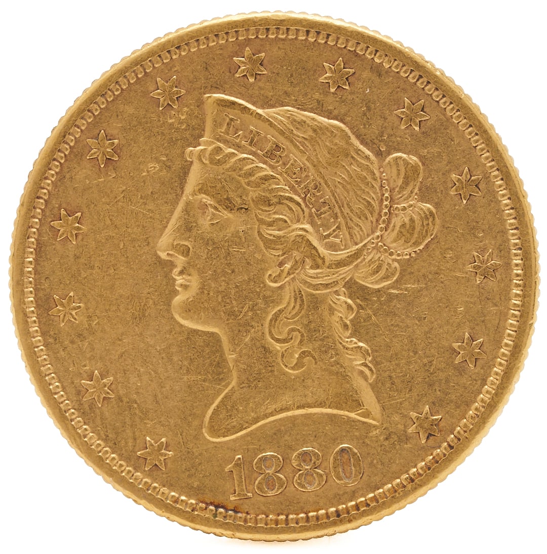 1880 San Francisco $10 Liberty Head Gold Coin: 1880 San Francisco Liberty Head gold coin, designed by Christian Gobrecht, features a classical profile of Lady Liberty facing left. 90% gold, and XRF tests 90% purity. 27 mm in diameter and wei