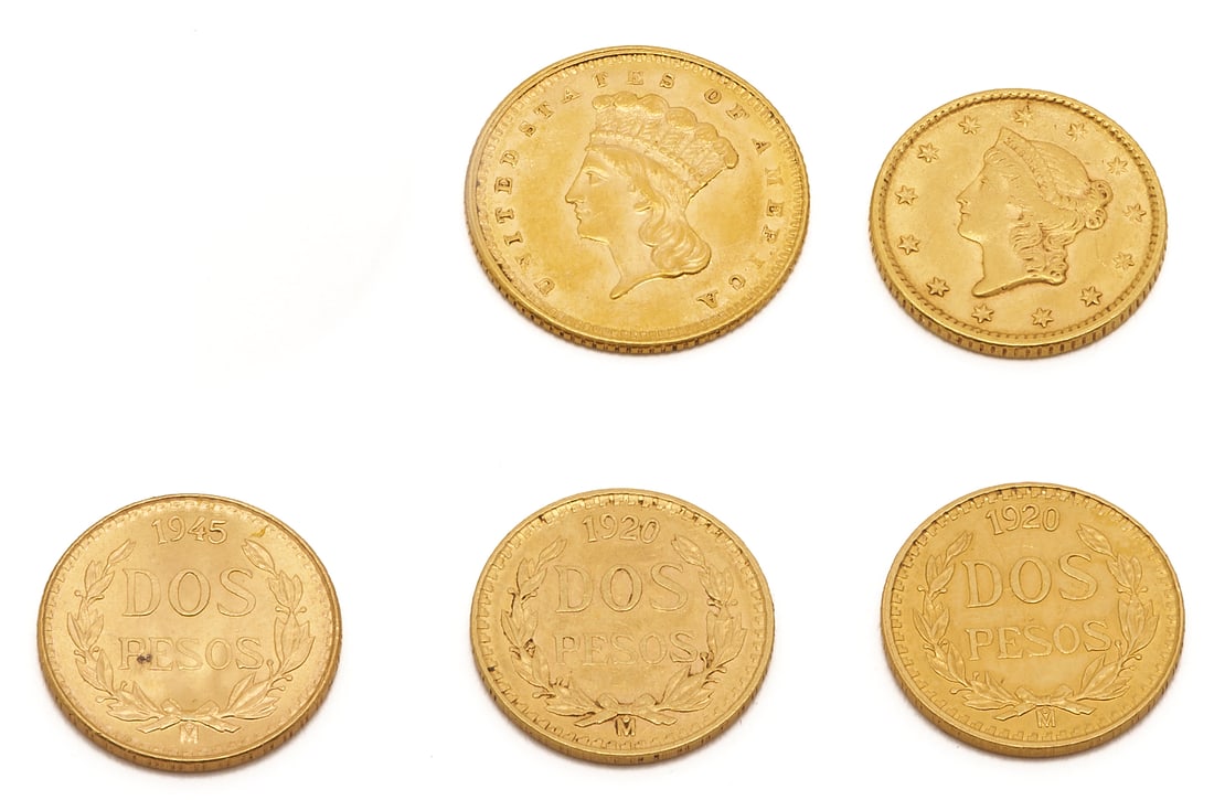 5 Mexican & United States Gold Coins (1 of 5)