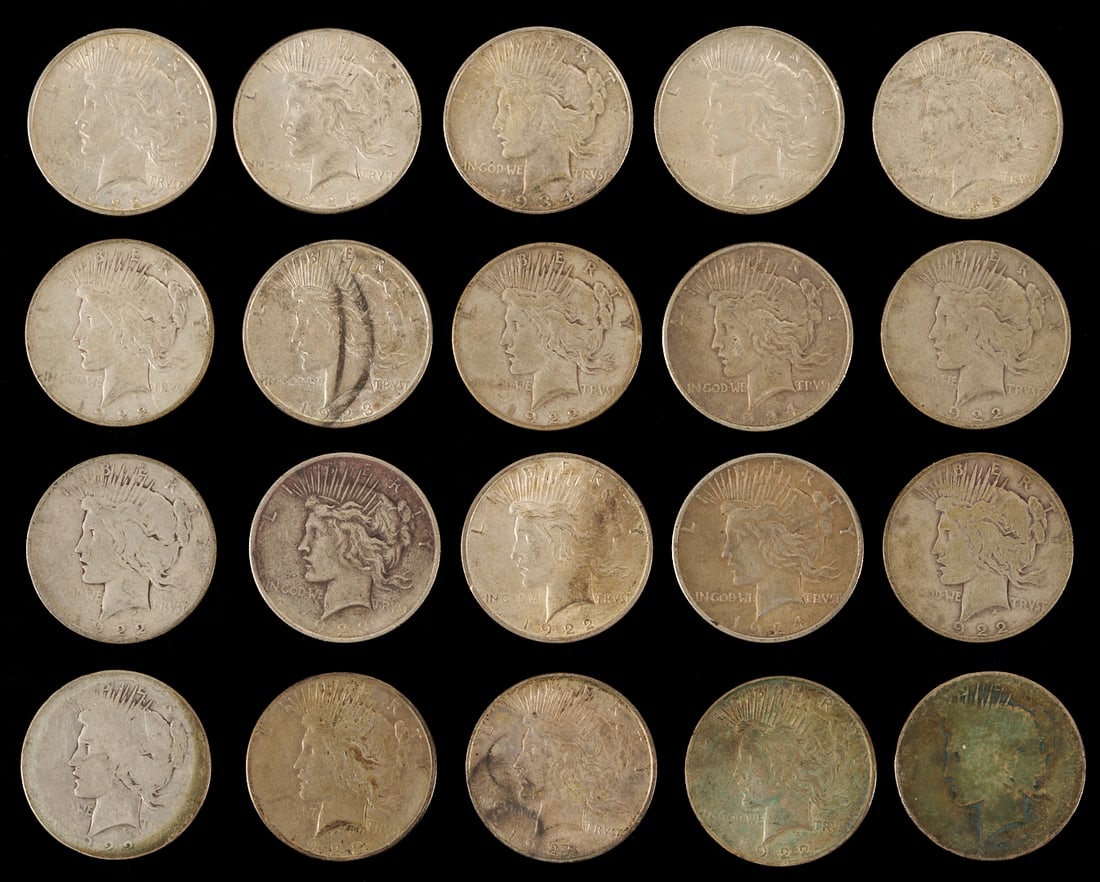 20 US Silver Peace Dollars: Twenty (20) US Silver Peace Dollars including eleven 1922, three 1923, two 1924, one 1926, two 1934, and one 1935. 17 total ounces troy. Additional high-resolution photos and a list of reco
