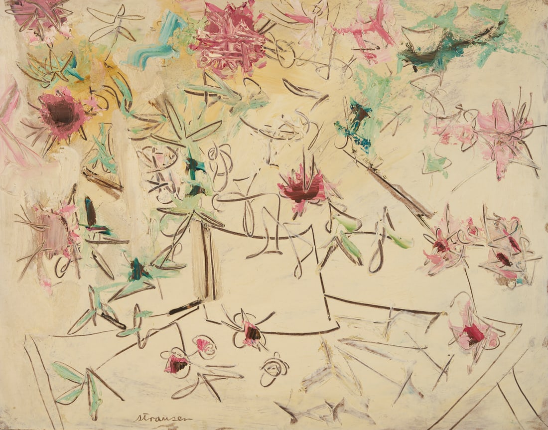 Sterling Strauser O/B Floral Abstract Painting: Sterling Strauser (Pennsylvania, 1907-1995) - oil on board expressionist still life painting depicting a tabletop and container, with pink and green flowers/foliage scattered on the table, seemin