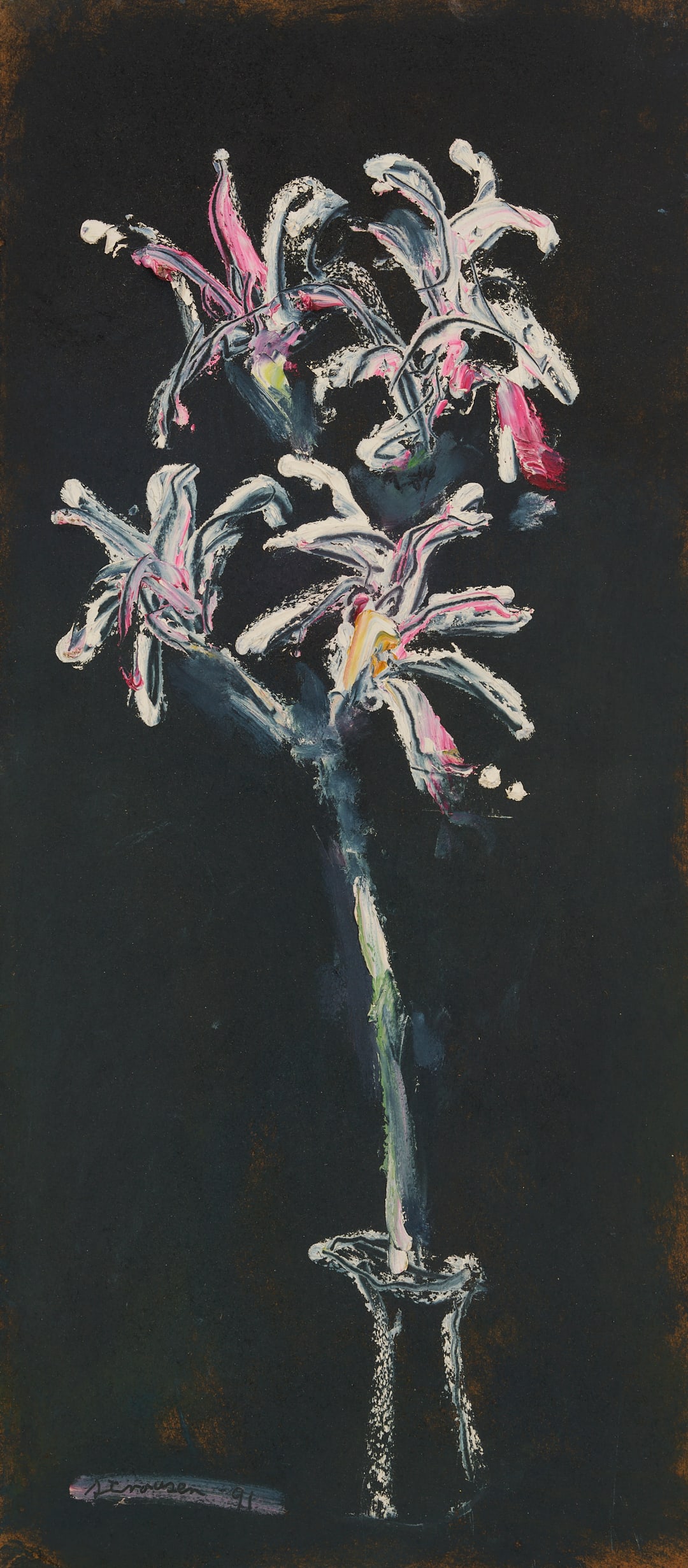 Small Sterling Strauser Floral Still Life Painting, Black Ground: Sterling Strauser (Pennsylvania, 1907-1995) oil on board still-life painting depicting a clear glass vase with irises, set against a black background. The painting is rendered with some impa