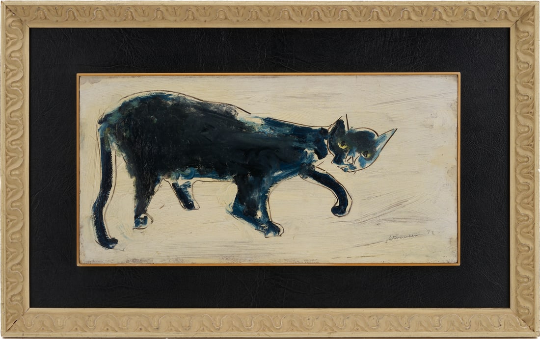 Sterling Strauser Oil on Board Painting, Black Cat (1 of 9)