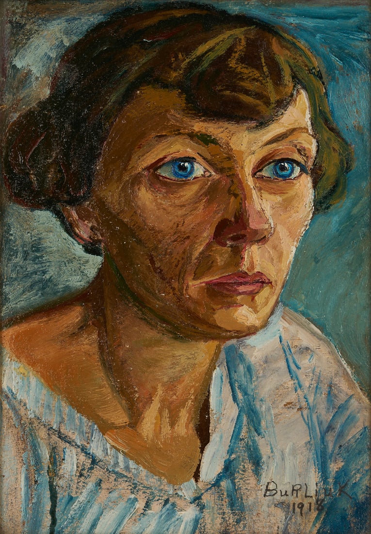 David Burliuk O/B Portrait of a Woman in Blue, 1918: David Davidovich Burliuk (New York/Russian Federation/Ukraine, 1882-1967) oil on board bust length portrait of a woman with dark hair, lined face, and wide blue eyes. She sits before a blue background