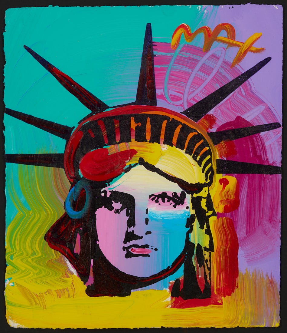 Peter Max Painting: Liberty Head: Peter Max (New York/Germany, b. 1937), "Liberty Head," mixed media with acrylic on paper, signed upper right. Mounted to a black mat in an acrylic frame. Sheet: 9 in. H x 8 in. W. Frame: 29 
