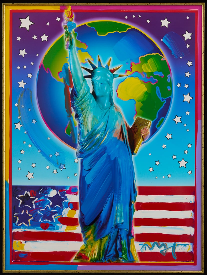 Peter Max Serigraph & Painting, Peace on Earth II: Peter Max (New York/Germany, b. 1937) mixed media screenprint with acrylic paint titled "Peace on Earth II" depicting the Statue of Liberty standing with the Earth and the American