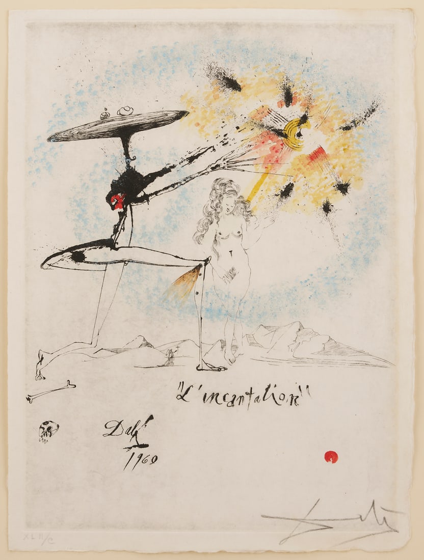 Salvador Dali Signed Etching, Incantation from Le Rois Mages: Salvador Dali (Spanish, 1904-1989) drypoint etching with hand coloring on Japon paper, "L'Incantation" (The Incantation). From the "Le Rois Mages" (The Three Kings)&n