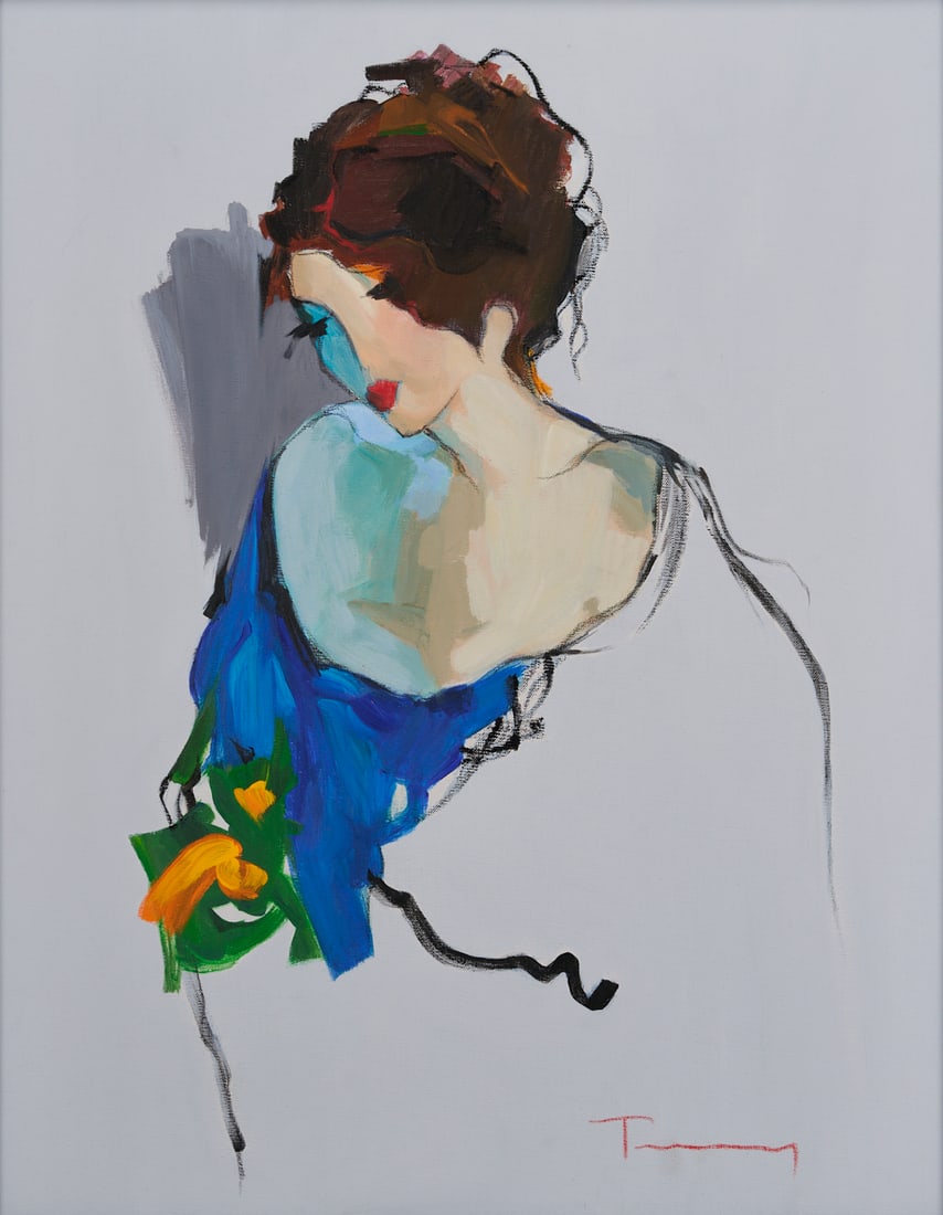 Itzchak Tarkay Original Painting, Inacabado No. 9: Itzchak “Isaac” Tarkay (Israel/Serbia, 1935-2012) acrylic on canvas painting titled: Inacabado ("Incomplete/Unfinished") #9. Depicting a partially painted bust portrait of a