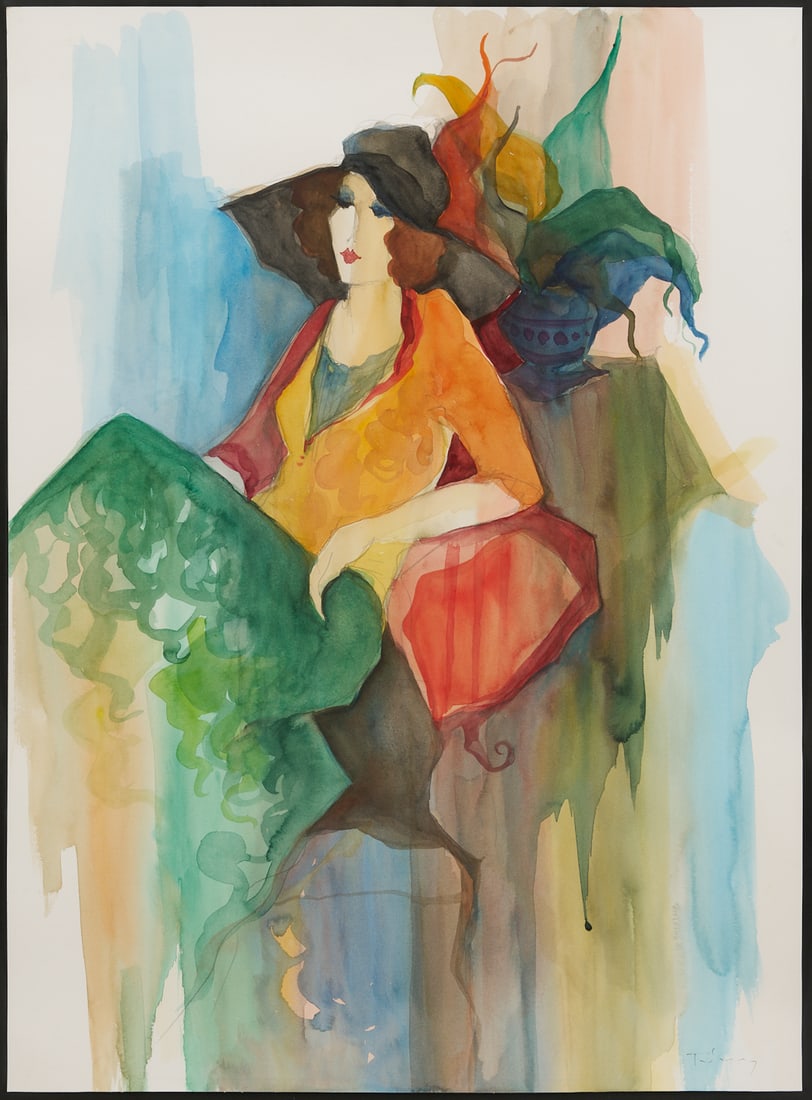 Itzchak Tarkay W/C Painting, Fleeting Thoughts: Itzchak Tarkay (Israel, 1935-2012) watercolor and ink painting that depicts a woman who wears a wide-brimmed hat and sits in an interior setting. Signed lower right. Floated under glass in an ebonized