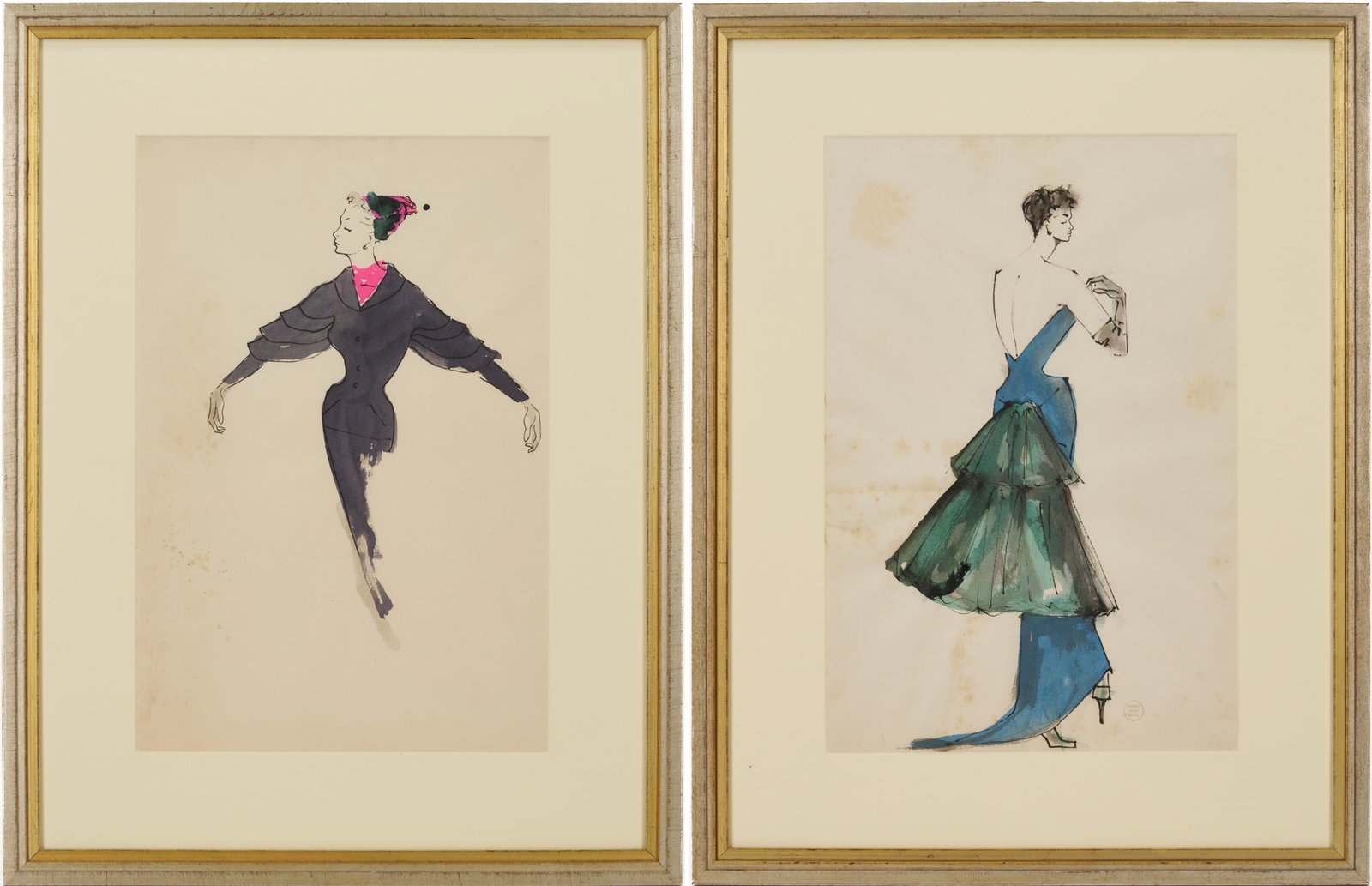 2 Serge Matta Watercolor Fashion Sketches, Blue Gown & Gray Suit: Two (2) Serge Matta (French, 1910-1984) original ink and watercolor couture fashion illustrations, circa 1950. One drawing depicts a model in a blue formal gown, the other a model in a gray suit 