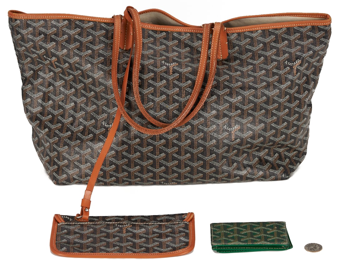 3 Goyard Leather Items, incl. Saint Louis Tote: 1st & 2nd items: 2 pc. Saint Louis brown tote bag with Goyard logo on Goyardine canvas, leather trim around open top, two handles with double stitching, and a removable pouch wallet on a strap. Pouch 