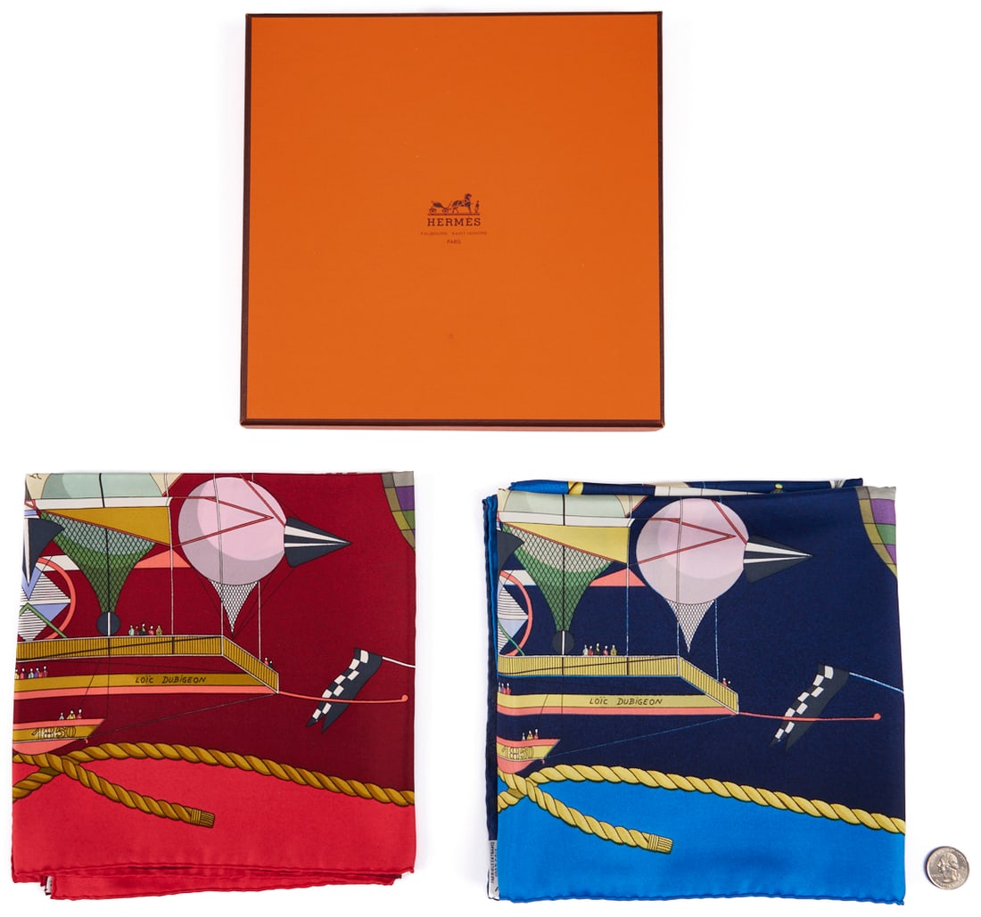 2 Hermes Silk Twill Scarves: Les Folies Du Ciel, Dark Blue & Red (1 of 18)