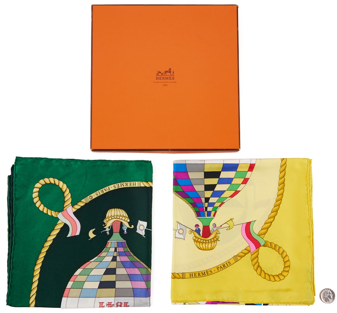 2 Hermes Silk Twill Scarves: Les Folies Du Ciel, Green & Yellow (1 of 19)