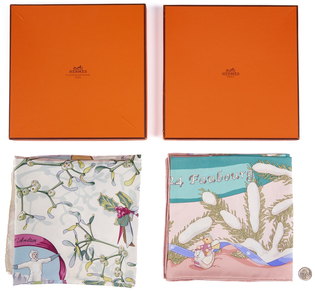 2 Hermes Silk Twill Scarves: Neige d'Antan & Noel 24 Faubourg: 1st item: Hermes silk twill scarf, Neige d'Antan, designed by Caty Latham for Hermes in 1989, featuring various Winter scenes on a white ground. Retains the original Hermes box – approx