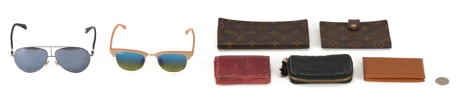 7 Designer Fashion Items, incl. Hermes & Louis Vuitton Sunglasses: 1st item: Hermès Calvi card holder in Evercolor, marked "Hermès Paris Made In France;" Two card slots, snap closure with metallic finish. Dimensions: 2.8 in. L