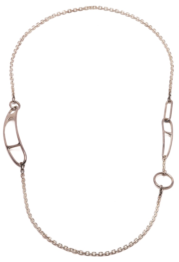 Hermes Long Chain Link Sterling Necklace: Hermes sterling Chaine d’Ancre twist necklace. Marked "Hermes Made in France" and numbered 16C080724, additionally marked Ag925 and XRF tests sterling. Retains the original box. 20&quo