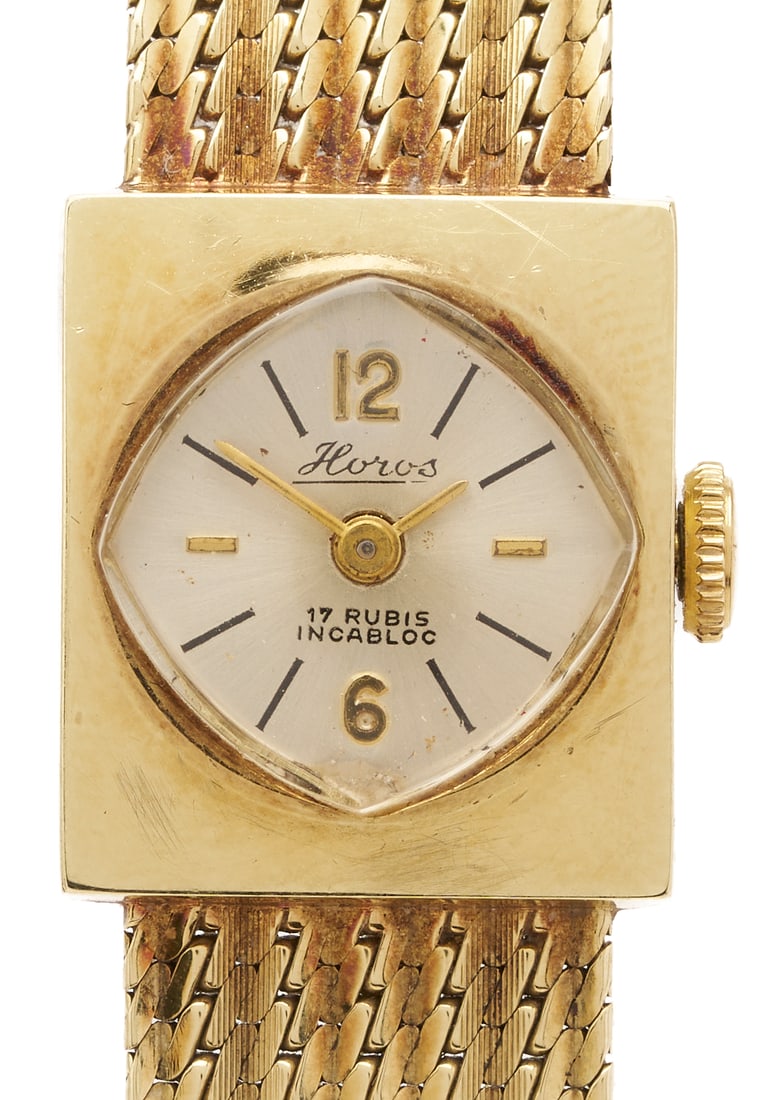 14K Yellow Gold Horos Incabloc Watch: Ladies mid-20th century 14K yellow gold Horos Incabloc wristwatch. 14K mesh band, 17 jewels, and Swiss manual wind movement. The clasp marked 585 and the watch XRF tests 14K. 6 7/8 in. L. 26.19 t