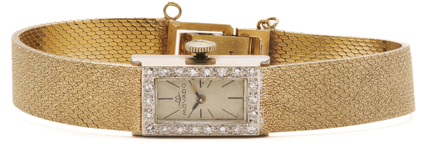 Ladies' Movado 14K Gold & Diamond Wrist Watch: Ladies' 14K yellow gold Movado wristwatch with a gold mesh band and a diamond-accented bezel. Clasp marked 14K and watch XRF tests 14K. 6 1/2 in. L. 26.7 total gross grams. Additional high-r