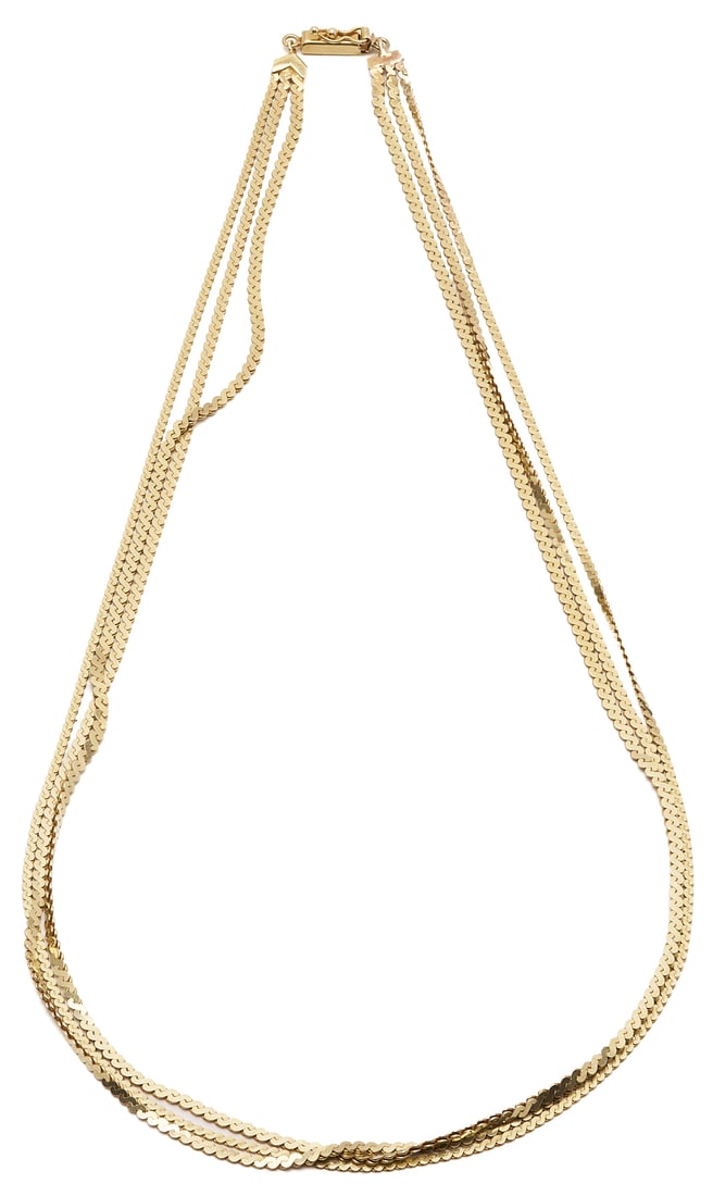 Italian 14K Gold Three Strand Flat Serpentine Necklace UnoAerre: Vintage Italian 14K gold three-strand flat serpentine-style necklace, marked 14K ITALY, with a "UnoAerre" maker's mark on the clasp . The necklace XRF tests 14K. 21 in. L. 25.1 grams. Ad