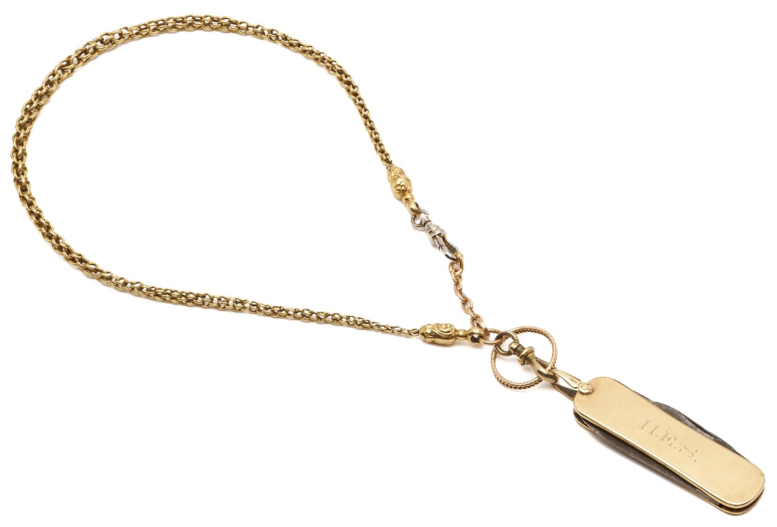Men's 18K Gold Rolo Watch Fob Chain & Accessories: Men's 18K yellow gold rolo watch fob chain together with a 14K yellow marked J. A. Henckels folding pocket knife (blades are not gold) and a 14K gold wedding band, approximate size 4. The watch ch