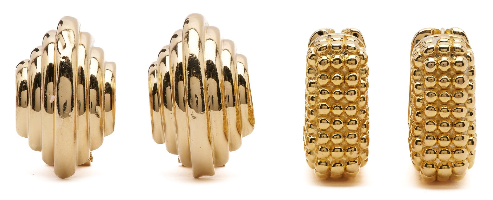 2 Pairs Ladies Vintage Gold Earrings: Two (2) pairs of ladies' vintage gold earrings, including a pair of Italian 18K yellow gold wide square huggie hoops with a dotted texture and hinged closure, marked "Italy 750", and a p