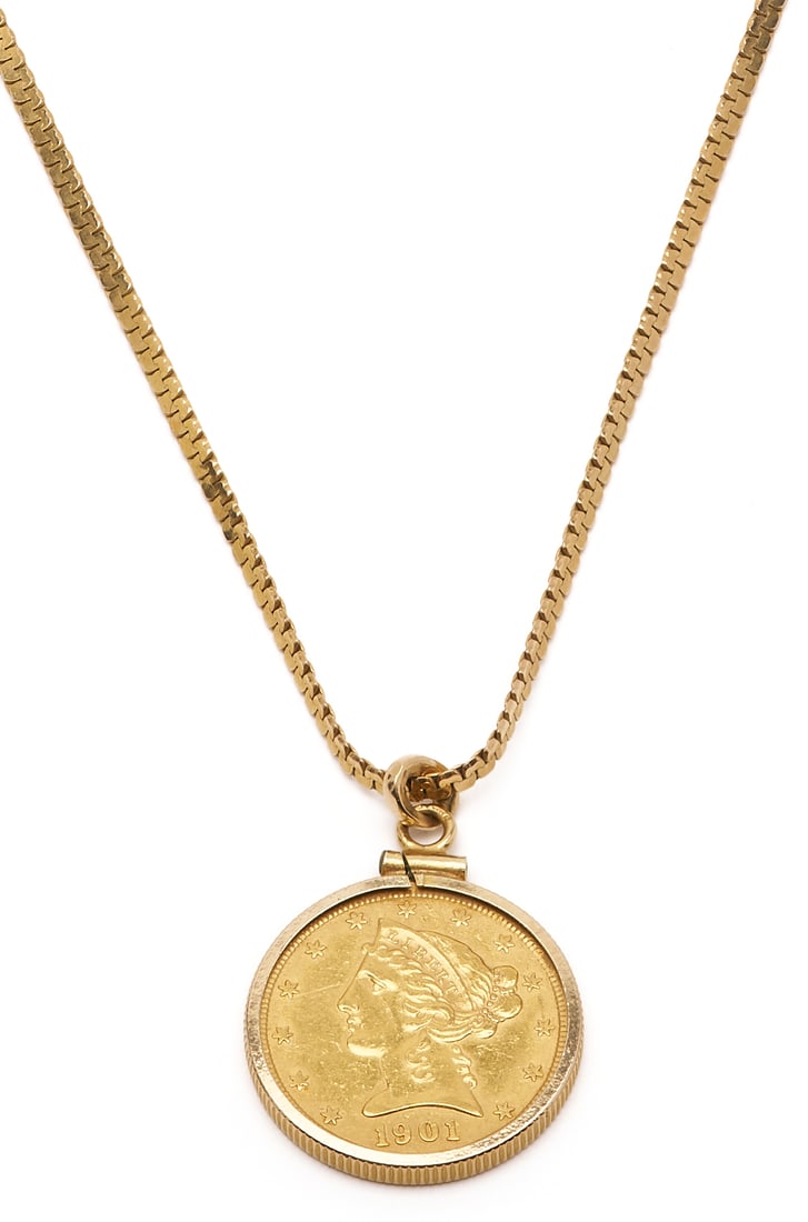 14K Italian Serpentine Necklace with 1901S Liberty Head $5 Gold Coin Pendant: 14K yellow gold Italian flat serpentine necklace with a 1901S Liberty Head $5 gold coin pendant with a 14K bezel. The chain is marked 14K Italy, and XRF tests 14K. Chain measures 20 in. L x .05 i