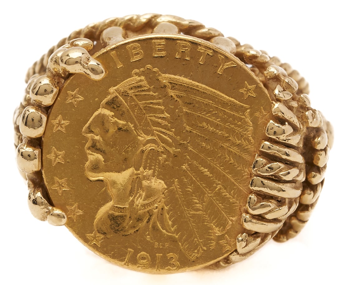 1913 Indian Eagle $2.5 Gold Coin Set in 14K Gold Ring: 1913 Indian Eagle $2.5 gold coin set in a 14K gold filigree-style ring. The coin XRF tests 90% gold, and the setting XRF tests 14K. Size 8 1/2. 16.61 grams. Additional high-resolution photos and a lis