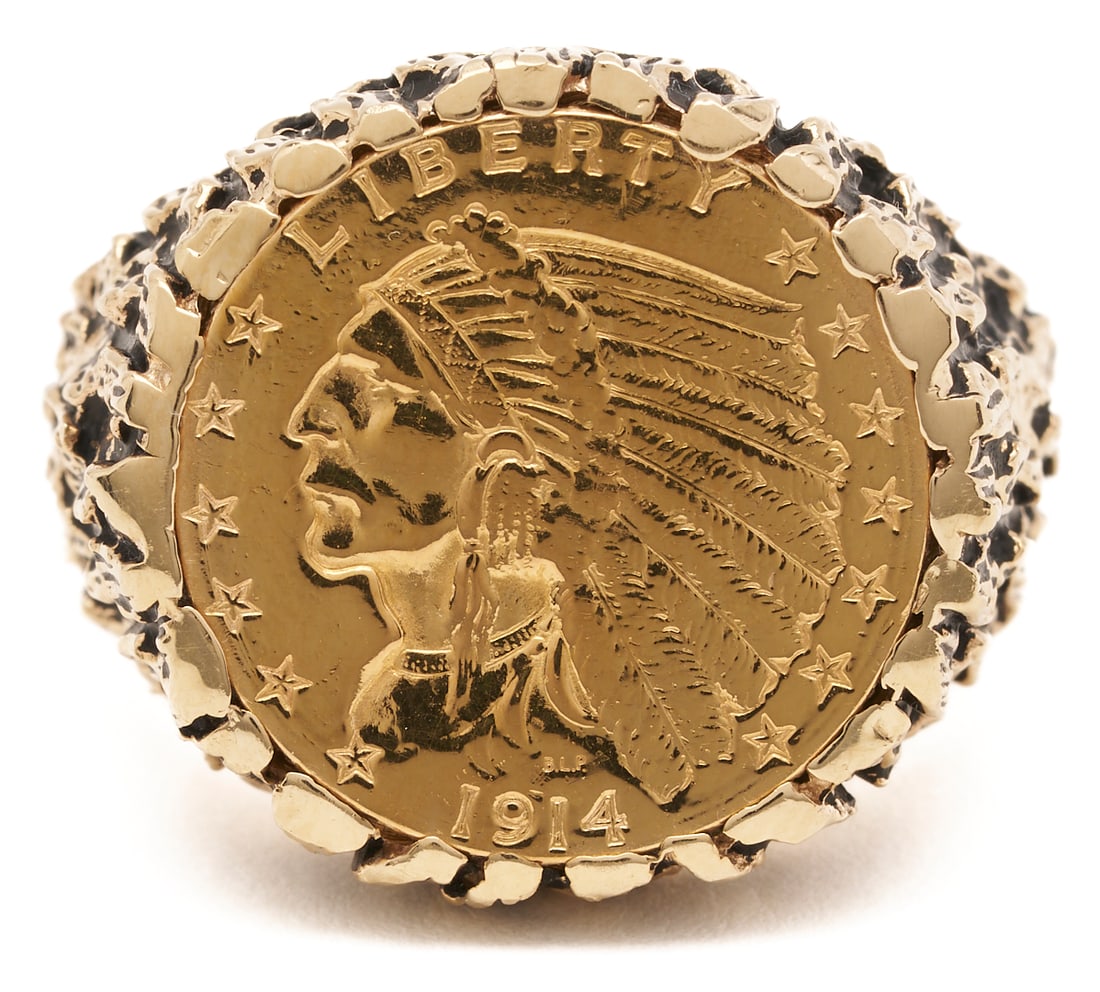 1914 Liberty Gold Coin Ring: 1914 Liberty Head $2.50 gold coin (18 mm x 19.3 mm) set in a 14K yellow gold bark-style, antiqued black-finished mounting. Marked “14K” and XRF tested as 14K gold. Ring size 10; total weig