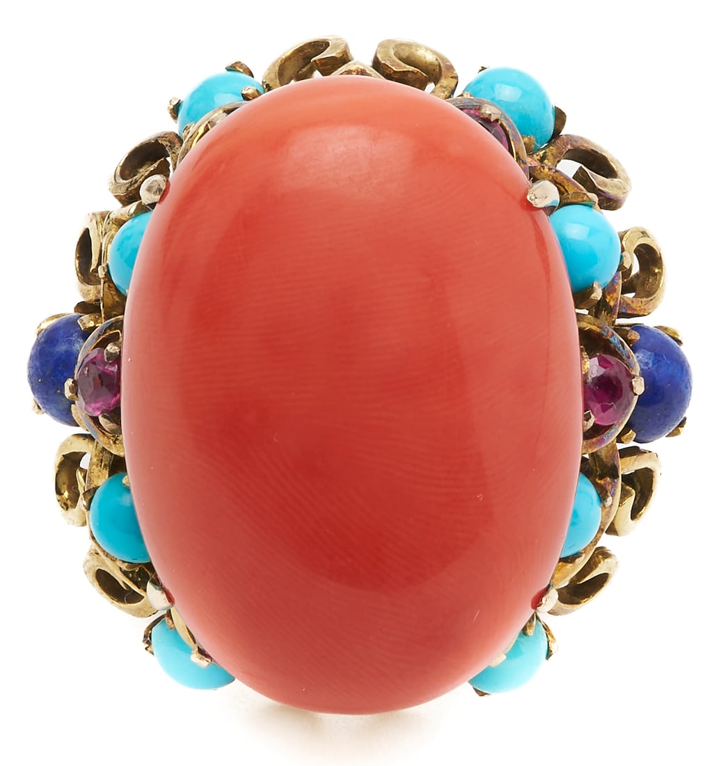 14K Yellow Gold, Coral, Lapis, Turquoise and Ruby Ring (1 of 6)