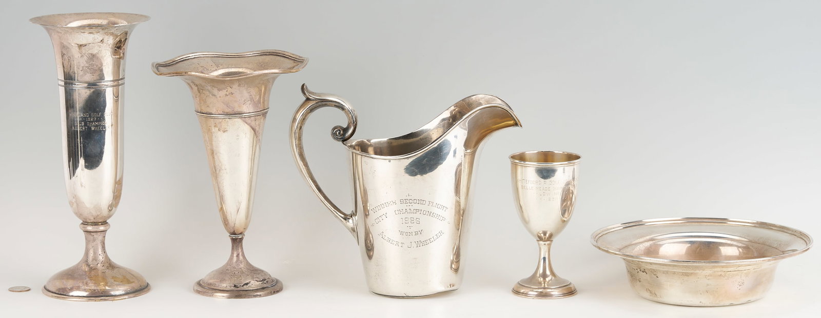 5 Sterling Silver Nashville Golf Trophies: 2 Vases, Bowl, Pitcher, Goblet (1 of 20)