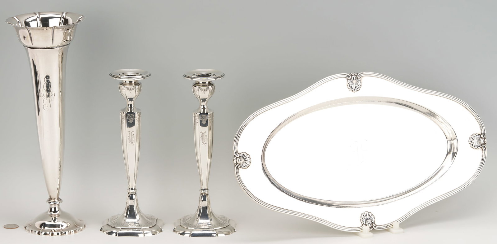 4 Sterling Items: Oval Tray, Candlesticks, & Trumpet Vase (1 of 20)