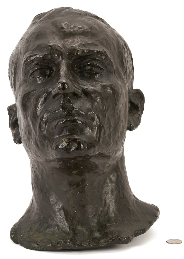 Bronze Male Head Sculpture, poss. Puryear Mims: Bronze portrait head sculpture of a man, depicted with his head tilted slightly upward, unsigned but possibly Thomas Puryear Mims (American/Tennessee, 1906-1975). 13 in. H x 9 1/2 in. W. 20th century.
