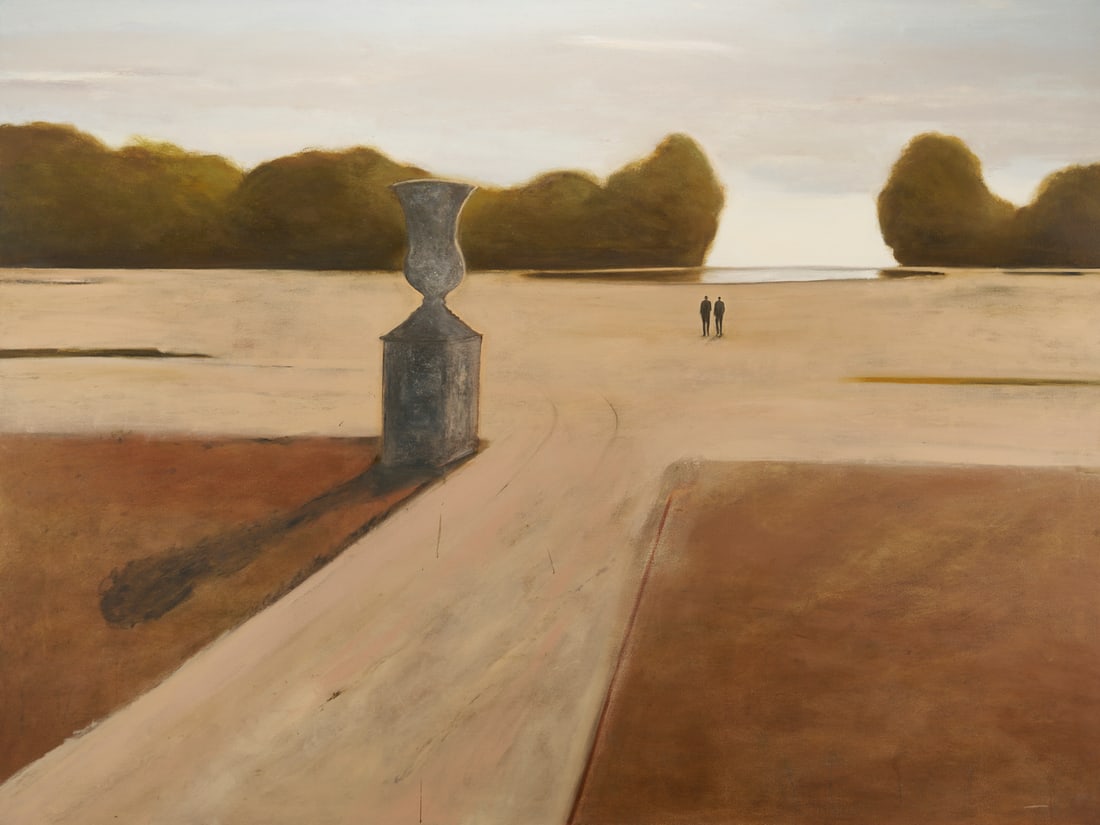 Susan Hambleton O/C Impressionist Landscape: Susan Hambleton (American, b. 1940), large Impressionist landscape painting titled "French Oasis and The Rest Unsaid". Depicting a manicured lawn and gravel paths with a large urn foreground