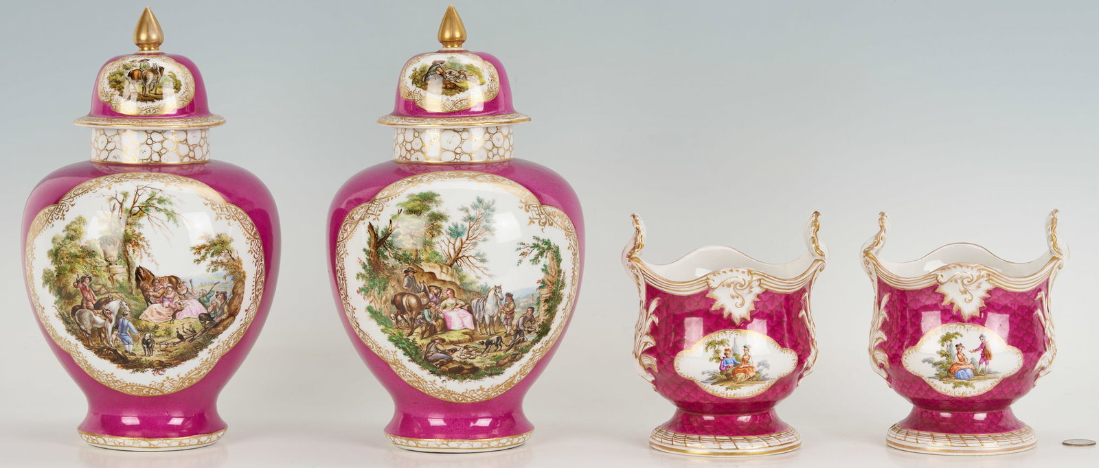 4 Dresden Porcelain Items, Urns & Cachepots, attrib. Helena Wolfsohn: 1st & 2nd item: Pair of Dresden porcelain-covered urns with hand-painted vignettes of hunt scenes to each side of the body and the lid, on a bright pink ground with gilt highlights throughout. Bot