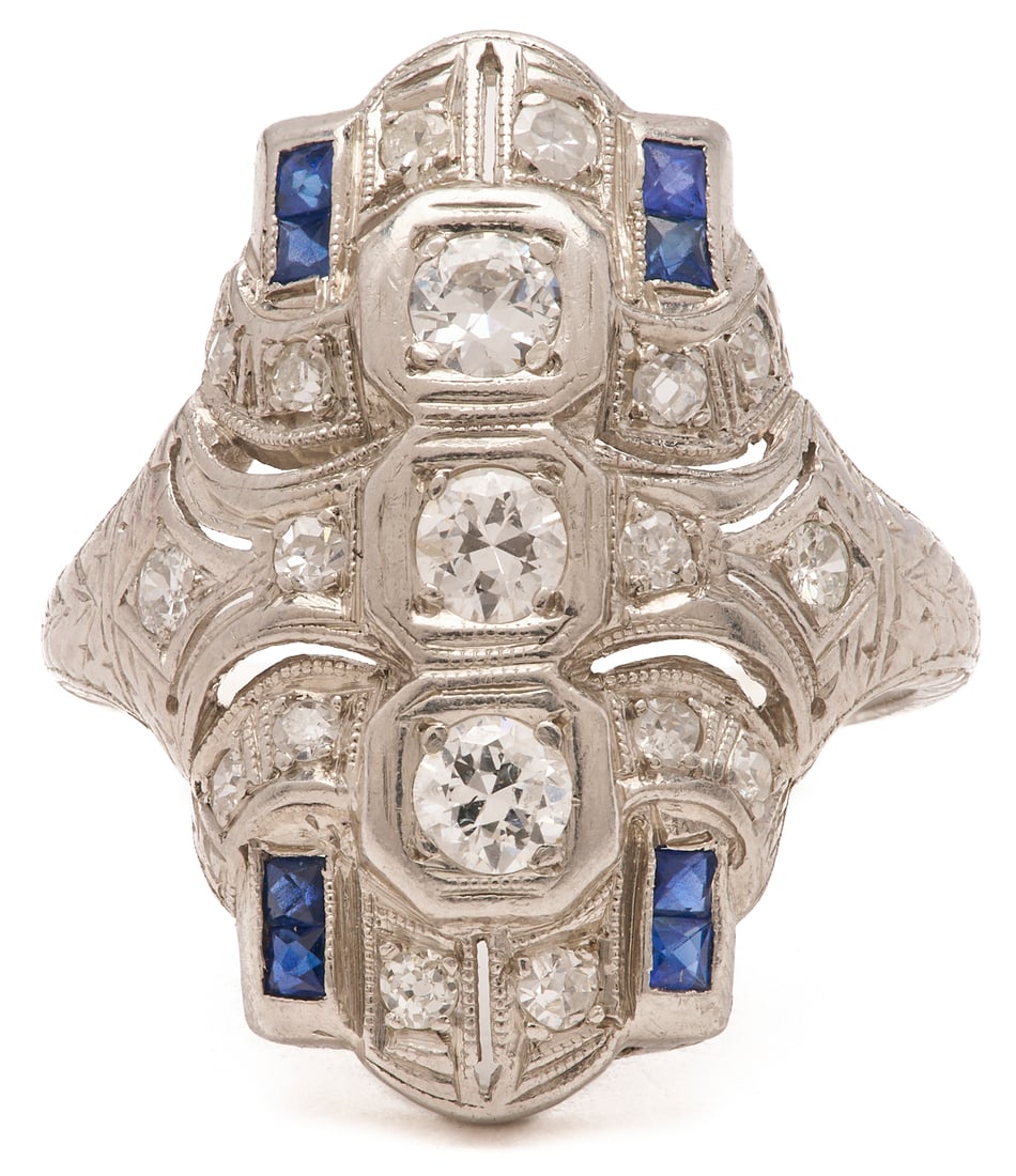 Art Deco Platinum Diamond & Sapphire Duchess Ring: Art Deco platinum diamond and sapphire duchess ring, featuring three (3) old European cut diamonds totaling approximately 0.40 carats, graded approximately F-G color, along with two (2) additional