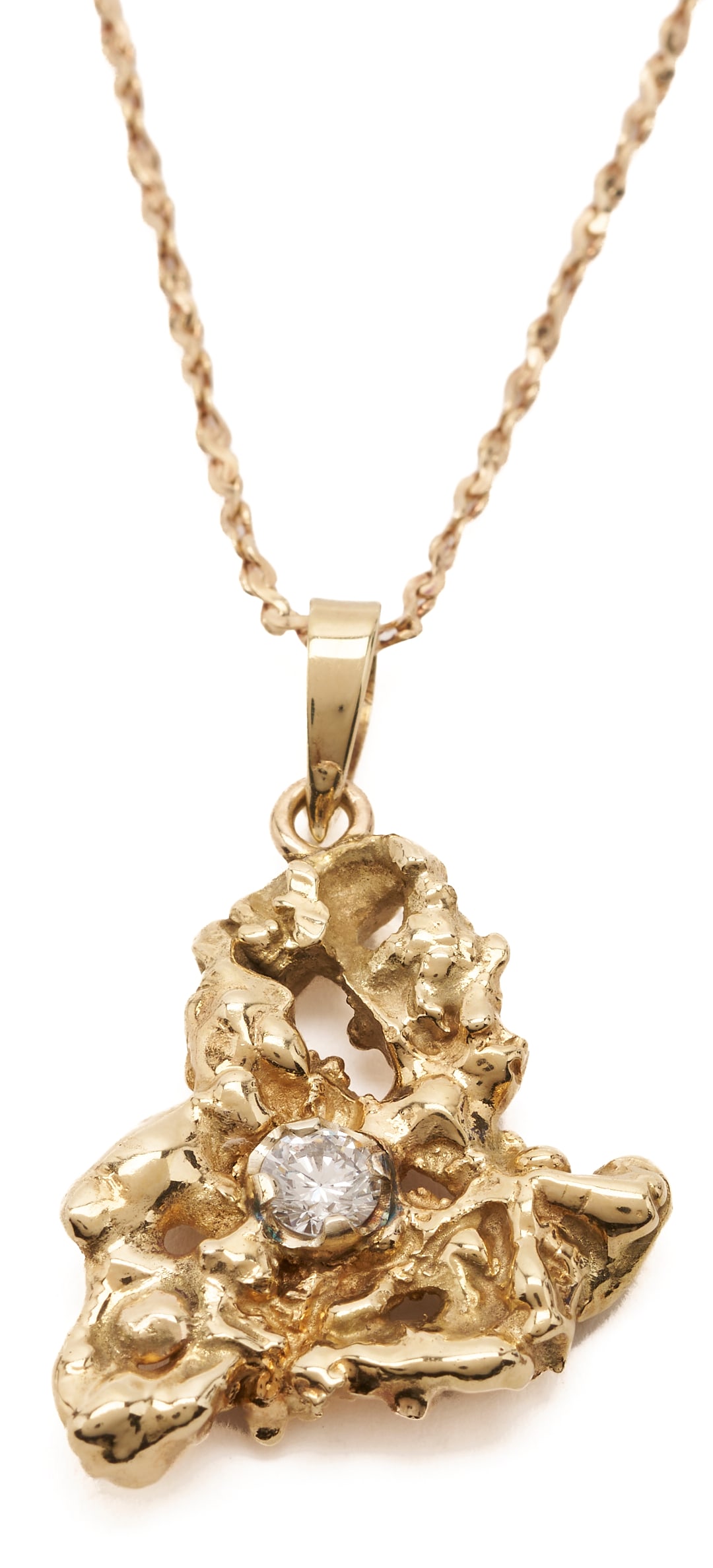 Yellow Gold & Diamond Nugget Pendant Necklace: Ladies' 14K yellow gold nugget pendant featuring a 0.25 carat brilliant-cut diamond, G-H color, VS2 clarity, together with a 10K rope-style chain. Pendant measures 1 1/4 in. H and