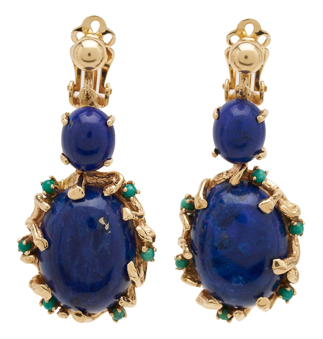 14K Gold & Lapis Earrings: Ladies 14K yellow gold clip back dangle earrings featuring four (4) oval cabochon lapis lazuli accented by twelve (12) turquoise. The earrings are marked "14K" and XRF test 14K gold. The ear