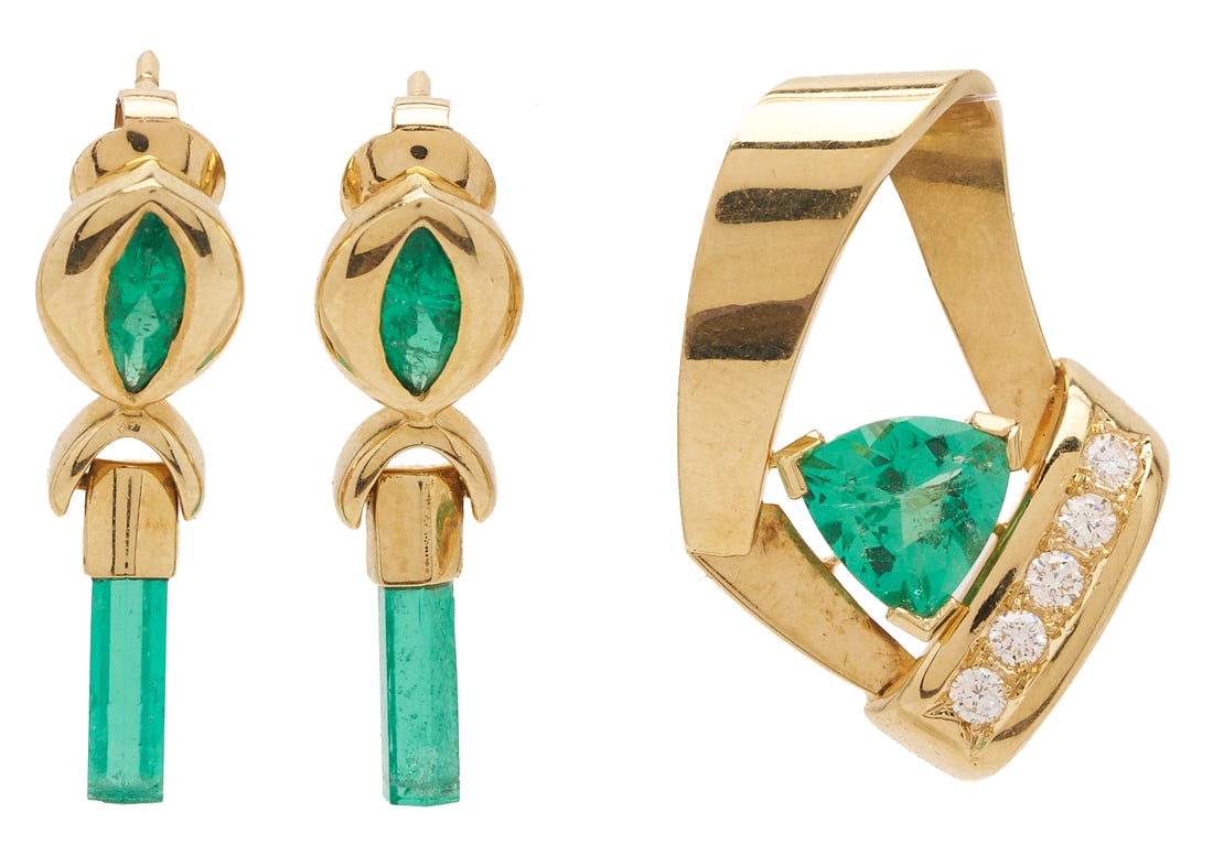 14K Gold & Emerald Earrings and Pendant: 1st item: Ladies 18K yellow gold slide pendant featuring one (1) trigonal cut natural emerald approximately 2.75 carats accented by five (5) round brilliant cut diamonds approximately 0.30 carats,