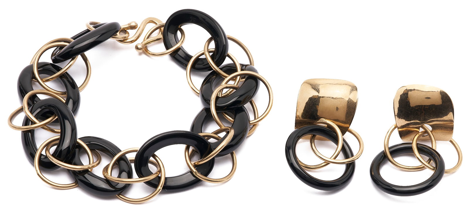 Marilyn Bailey 14K Gold and Onyx Earrings & Bracelet: 1st item: Pair of designer 14K yellow gold onyx dangle loop earrings by Marilyn Bailey. Etched “Bailey” and “14K.” The earrings measure 1 1/2 in. L. and have a gross