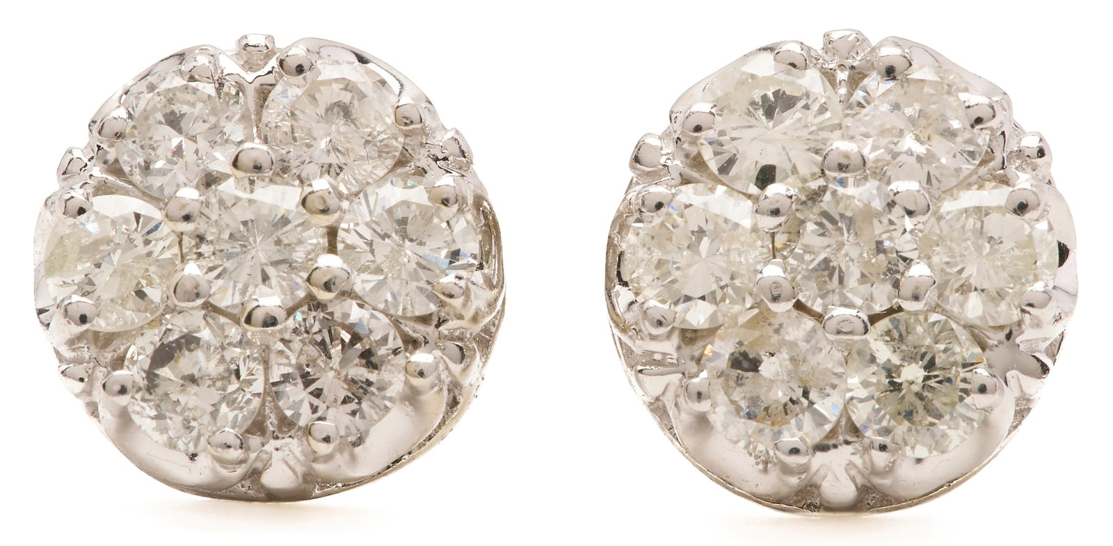 14K White Gold Diamond Cluster Earrings: Pair of diamond cluster earrings featuring fourteen (14) round full-cut diamonds with an estimated total weight of approximately 2.10 carats, G-H color, I1-I2 clarity. Each earring measures