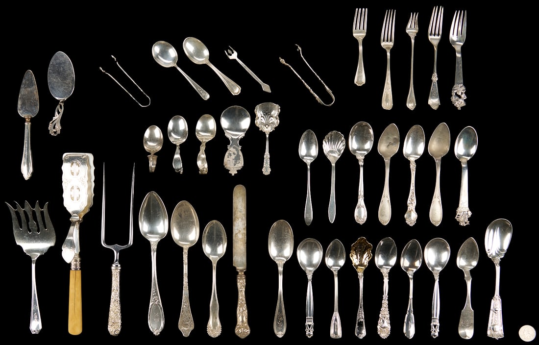40 Pcs. Assorted Flatware incl. Georg Jensen, Tiffany: Forty (40) assorted flatware and serving pieces including sterling silver examples by various makers: 2 Georg Jensen ice cream spoons, 1 S. Kirk & Son Repousse roast holder, 1 Whiting “Lady