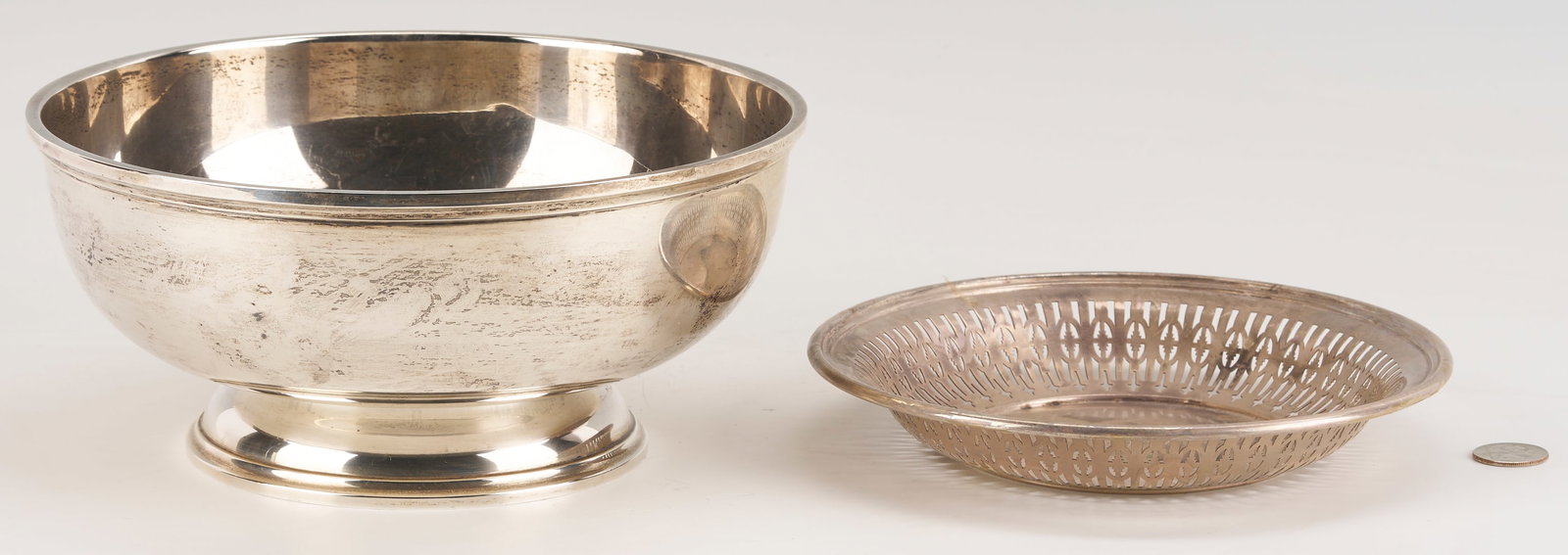 2 Sterling Silver Bowls, Kirk Revere & Durgin: 1st item: S. Kirk and Son sterling silver "Revere" bowl. Marked on the base "S. Kirk & Son Inc. STERLING 4152". 4 5/8 in. H x 9 5/8 in. dia. 27.59 troy ounces. 2nd item: