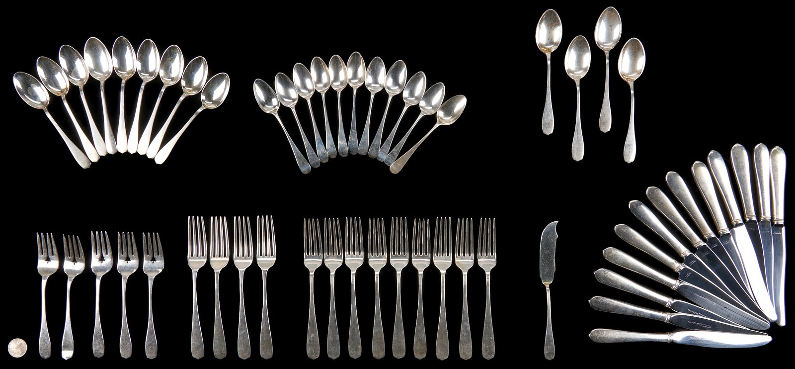 56 Pcs. Sterling Flatware, incl. Bateman: 1st -11th items: Eleven English sterling silver teaspoons with Bateman family hallmarks, including 7 marked "PB AB WB" for Peter, Ann, & William Bateman of London, 3 mar