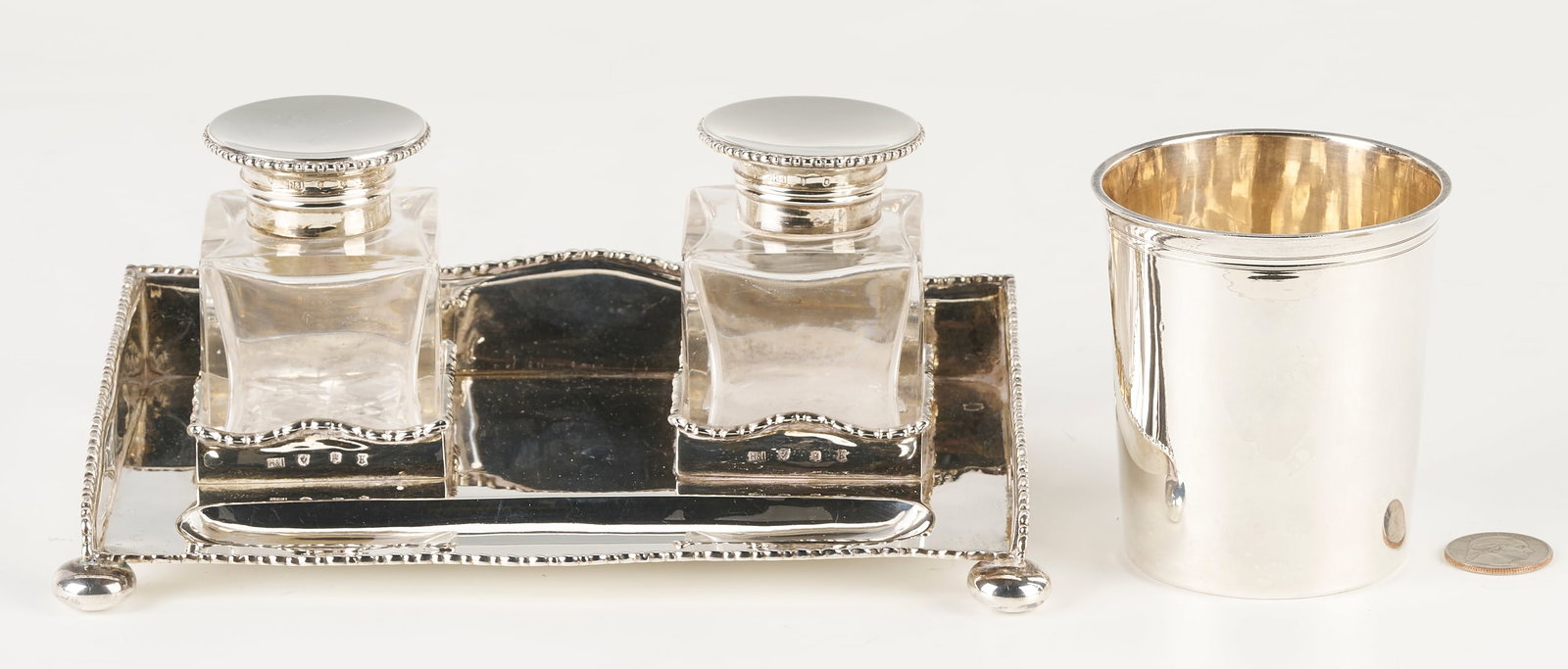 Scottish Sterling Inkstand & French Sterling Beaker: 1st item: Scottish Edwardian sterling silver inkstand, marks for Hamilton and Inches, 1906, having a shaped gallery, two glass bottles with cut in hobnail design and silver caps,