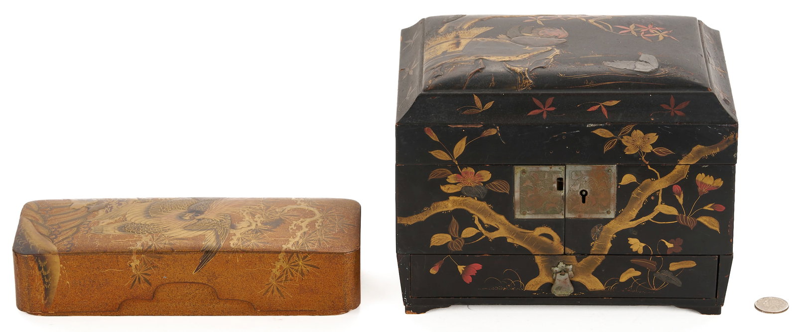 2 Meiji Japanese Lacquer Boxes incl. Maki-e: 2 Japanese Meiji lacquer boxes. 1st item: Makie fubako or letter box, the cover decorated with bird, wave, and floral motifs. Note: Maki-e is a thousand-year old Japanese lacquerware