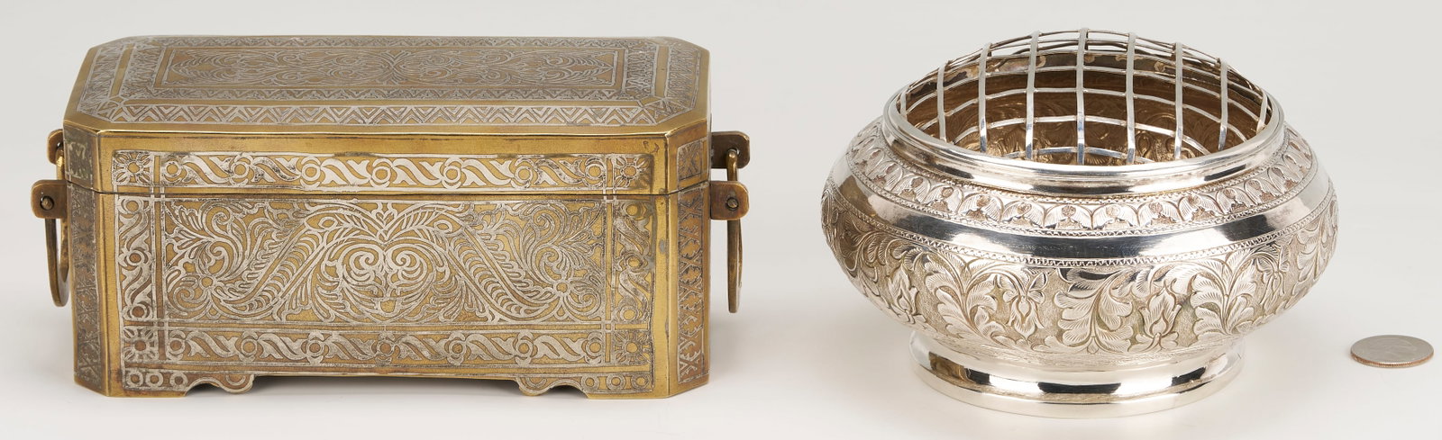 2 South East Asian Silver Items: Inlaid Box & Flower Frog Bowl (1 of 12)