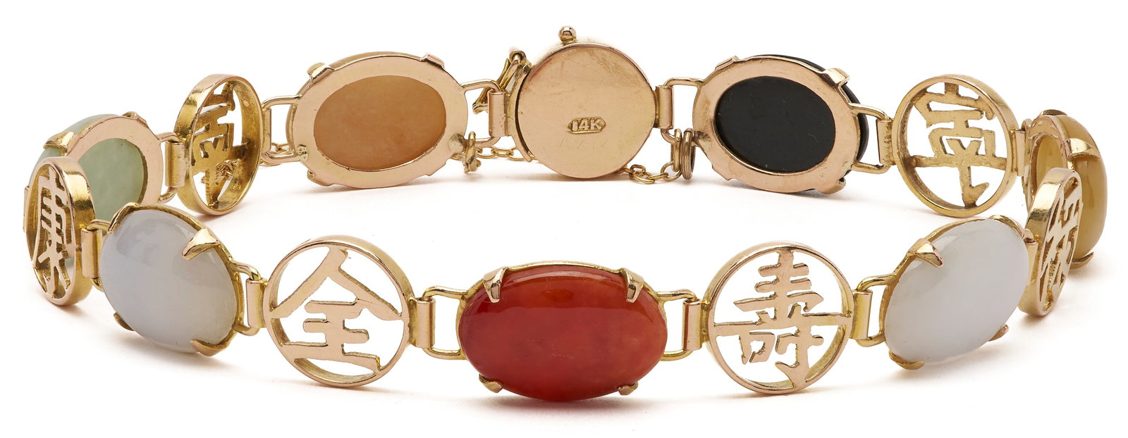 14K Jade & Chinese Character Link Bracelet: 14K yellow gold and jade link bracelet featuring gold Chinese character links and multicolor jade oval cabochon jade stones. Clasp marked 14K. Clasp and links XRF test 14K. 8 1/2 in. L. 14.1