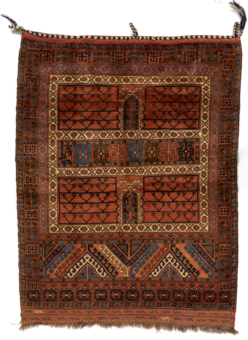 Antique Ersari Turkmen Ensi: Antique Ersari Turkmen Ensi tribal rug, wool on wool, with a traditional central cruciform design featuring four panels with stylized bird-head motifs, within three primary borders and lower stylized 